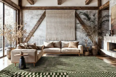 Ein grüner Teppich mit geometrischem Muster liegt auf einem dunklen Holzboden. Dahinter stehen helle Sofas vor einer rustikalen Wand.