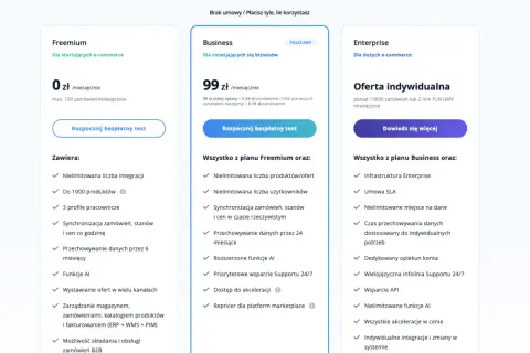 Porównanie planów cenowych: Freemium, Business i Enterprise. Dowiedz się, baselinker co to za narzędzie do e-commerce.