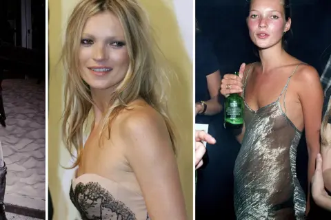 Kate Moss ung i en ljus klänning och en genomskinlig silverklänning.