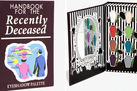 Beetlejuice colors eyeshadow palette shaped like coffins, featuring shades like "Betelgeuse" and "Sandworm.