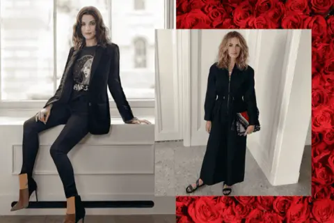 Eleganckie stylizacje dla kobiet po 45 roku życia: czarny garnitur i sukienka maxi. Inspiracje modowe.
