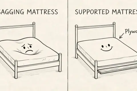 A sad, sagging mattress versus a happy, supported mattress. Does putting a board under mattress help? Yes, it provides support!