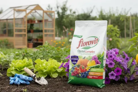 Torba nawozu Florovit OgrodComplex na tle grządki z warzywami, kwiatami i szklarnią.