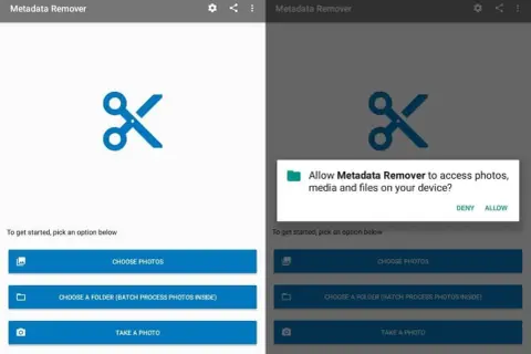 Android app "Metadata Remover" prompts for permission to access photos, media, and files. Options include choosing photos, a folder, or taking a photo.