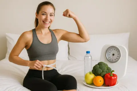 Donna sorridente misura la vita, mostra il bicipite. Vicino, frutta, verdura, acqua e bilancia: simboli di un **deficit calorico giornaliero** raggiunto con successo.