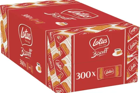 Duże czerwone pudełko z ciasteczkami Lotus Biscoff. Idealne, gdy zastanawiasz się, gdzie kupić ciastka Biscoff na prezent lub do kawy.