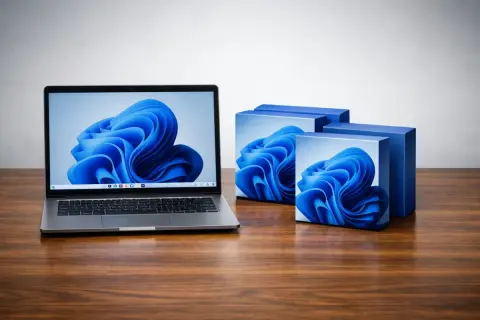 Laptop z ekranem Windows 11 i niebieskimi pudełkami. Czas na aktualizacja sterowników windows 11!