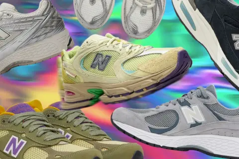 Sneakers colorate e iconiche dell'azienda New Balance, un mix di stili e modelli che celebrano la storia del brand.