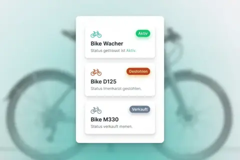 Übersicht über den Fahrrad-Pass: Bike Wacher (Aktiv), Bike D125 (Gestohlen), Bike M330 (Verkauft).