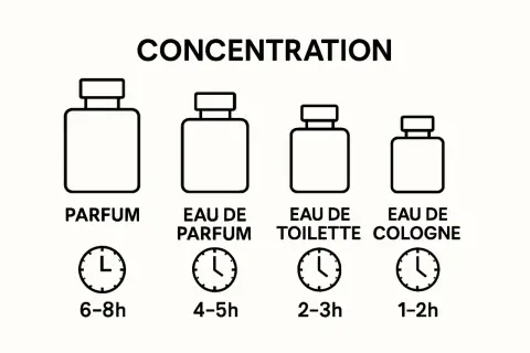 Ilustracja pokazuje stężenia perfum: Parfum (6-8h), Eau de Parfum (4-5h), Eau de Toilette (2-3h), Eau de Cologne (1-2h). Wybierz swój zapach, by poczuć się one million lucky!