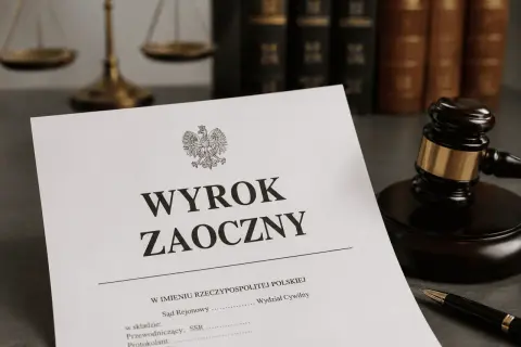Dokument z napisem "WYROK ZAOCZNY" leży obok młotka sędziowskiego i wagi sprawiedliwości.