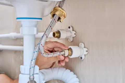 Mano conectando una manguera a la llave de paso de agua general, parte de la fontanería bajo un lavabo.