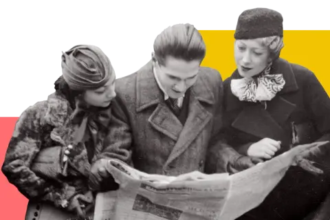 Trois personnes lisent un journal. L'une d'elles cherche un nom de famille gratuit sur Retronews.