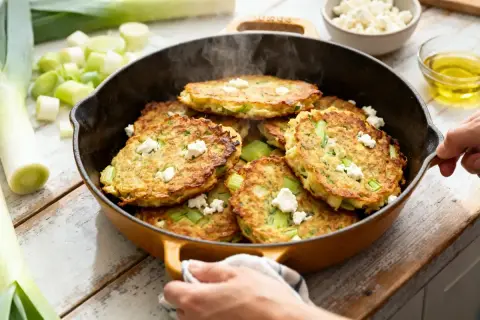 Délicieuses galettes de poireaux dorées, parsemées de feta, prêtes à être dégustées. Une recette facile et savoureuse.