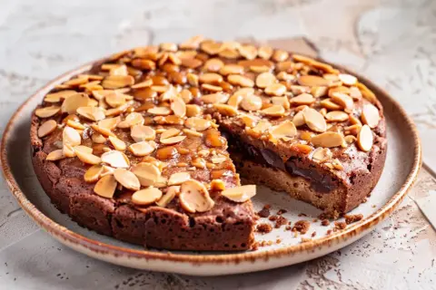 En saftig kladdkaka med mandelflagor och kolasås. En riktigt nyttig kladdkaka som passar perfekt till fikat.
