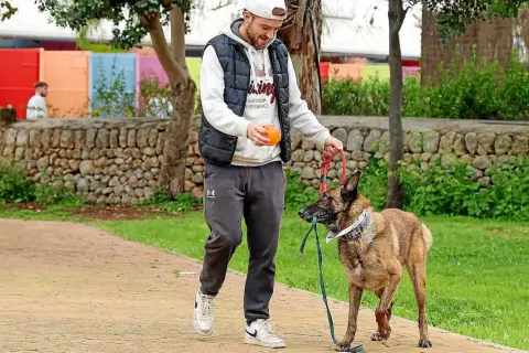 Mann mit Hund im Park. Der Hund hält die Leine im Maul, bereit für ein Spiel. Ein schöner Tag für ca. de bestiar.