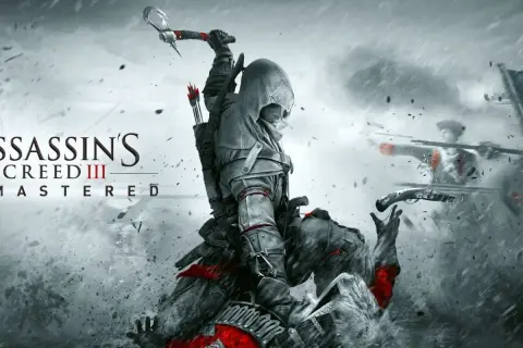 Connor z Assassin's Creed III walczy z żołnierzami podczas burzy. W tle widać amerykańską flagę.
