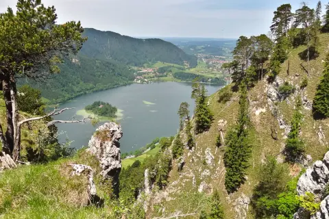 Blick vom Berg auf den Schliersee mit Insel. Der Schliersee Rundweg bietet solche Aussichten.