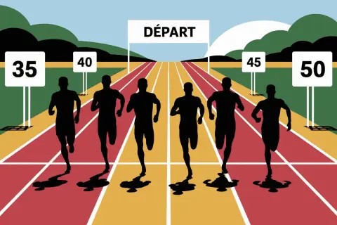 Des silhouettes d'athlètes s'élancent sur une piste de course, sous une arche "DÉPART". Une scène dynamique pour la catégorie course à pied.