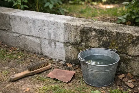Jak odnowić stary murek betonowy? Metalowa szczotka, papier ścierny i wiadro z wodą czekają, by przywrócić mu dawny blask.