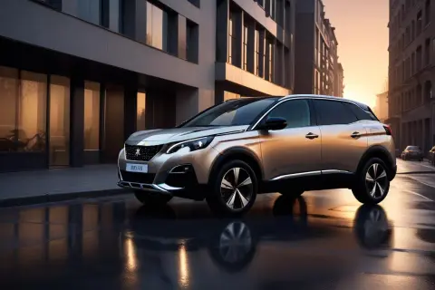 En gyllene Peugeot 3008 SUV står på en våt stadsgata i solnedgången. Denna peugeot 3008 test visar bilens eleganta design.
