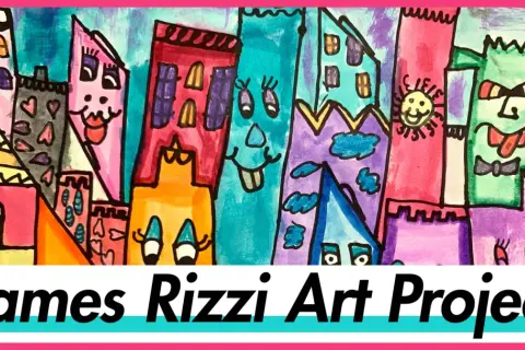 A vibrant, whimsical cityscape in the style of James Rizzi art, featuring colorful buildings with faces and playful details.
