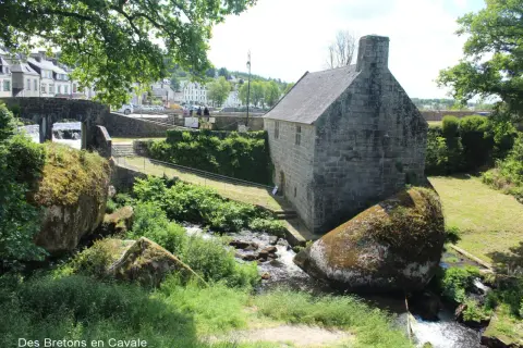 Un ancien bâtiment en pierre près d'un ruisseau, avec des rochers moussus. On dirait la grotte du diable, un lieu mystérieux.