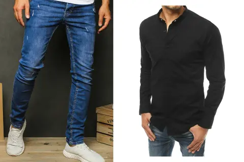 Idealne połączenie: jakie spodnie do czarnej koszuli? Dopasowane, lekko przetarte jeansy i białe sneakersy tworzą stylowy, casualowy look.