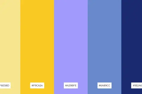 A palette featuring a bright mustard yellow and its complementary colors: soft yellow, lavender, and two shades of blue.