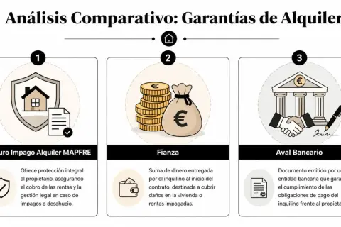 Análisis comparativo de garantías de alquiler: seguro, fianza y aval bancario. Cada opción ofrece protección para el alquiler.