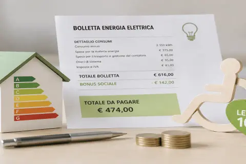 Modellino di casa con classe energetica, bolletta elettrica e simbolo Legge 104 per agevolazioni invalidità 100 Enel.
