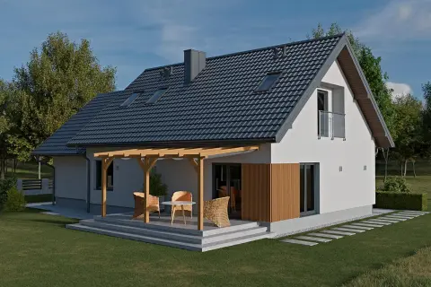 Nowoczesny dom z szarym dachem, drewnianą pergolą i tarasem. Opierzenie dachu idealnie komponuje się z całością.