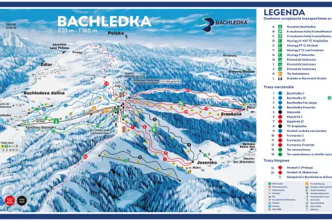 Mapa tras narciarskich w Bachledovej dolinie. Widok z lotu ptaka na stoki, wyciągi i infrastrukturę.