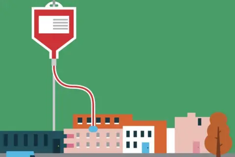 Una bolsa de sangre gotea sobre edificios enfermos, como si les diera vida.