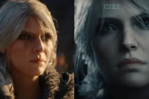 Ciri, nowy wiedzmin, z blizną na policzku i siwymi włosami, gotowa do walki.