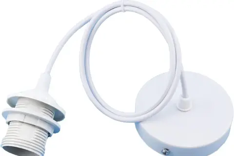 Biały zestaw akcesoriów do żyrandoli: oprawka E27, biały kabel i okrągła podsufitka.