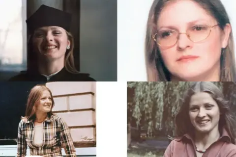 Krystyna Pawłowicz młoda w togach akademickich i w okularach. Uśmiechnięta, z burzą włosów, w różnych stylizacjach.