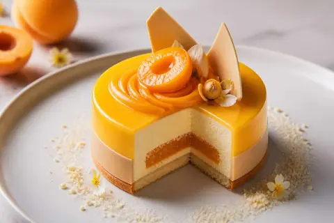 Un délicieux entremet abricot, glacé et garni de fruits frais, sur une assiette blanche décorée de miettes et de fleurs.