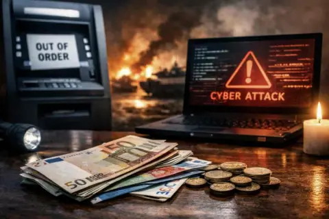 In caso di guerra, i soldi in banca che fine fanno? ATM fuori uso, attacco cyber su laptop, soldi e monete sul tavolo, candela accesa e fiamme sullo sfondo.