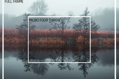 Full frame vs. Micro Four Thirds sensor comparison, showing how the MFT crop factor zooms in on a misty landscape with reflections.
