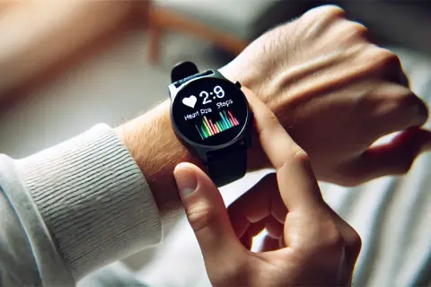 Dłoń z nowoczesnym smartwatchem monitorującym tętno i kroki. Czy smartwatch jest szkodliwy dla zdrowia? Urządzenie pokazuje dane, ale nie ma dowodów na jego negatywny wpływ.