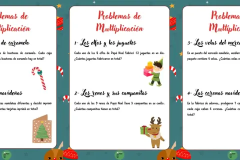Problemas de multiplicación navideña: elfos, renos, bastones de caramelo, velas y coronas.