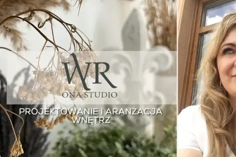 Kobieta i logo studia projektowego WR ONA STUDIO, z napisem "Projektowanie i aranżacja wnętrz".