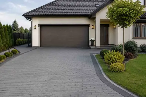 Nowoczesny podjazd z kostki brukowej, świetny pomysł na tani podjazd. Elegancki dom z garażem i zadbanym ogrodem.