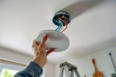 Main tenant installe une nouvelle pose lampe au plafond, connectant les fils colorés.