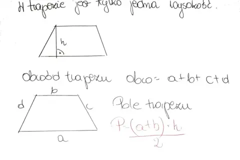 Rysunek przedstawia czworokąt - trapez, z zaznaczoną wysokością (h) i wzorami na obwód (a+b+c+d) i pole P = ((a+b)*h)/2.