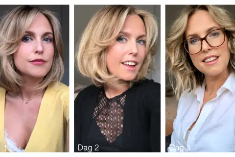Kvinnan visar upp sin nya, snygga bob frisyr kort page i tre olika dagar och outfits.