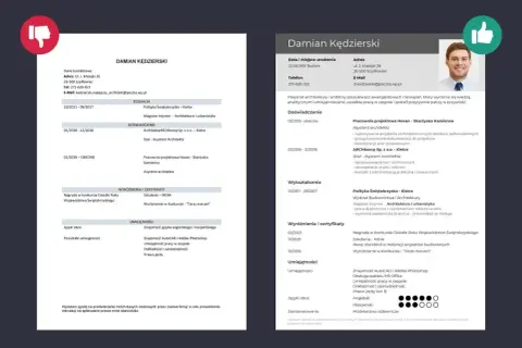 CV architekta z umiejętnościami do CV: znajomość AutoCAD, Adobe Photoshop, języki obce, prawo jazdy.