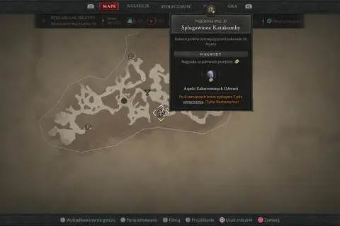 Mapa podziemi koszmarów Diablo 4: Splugawione Katakumby. Rabusie grobów ostrzegają przed pokusami tej krypty. Nagroda za pierwsze przejście: Aspekt Zahartowanych Uderzeń.