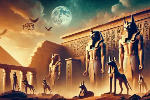 Monumentala statyer och hieroglyfer vittnar om egyptisk mytologi under en stjärnklar himmel med en stor måne.